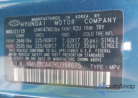 2019 Hyundai Tucson Se from USA, damaged, VIN KM8J2CA42KU994675